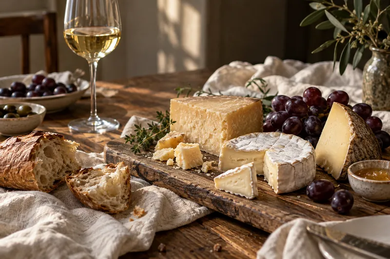 Käseplatte mit Trauben, Brot und einem Glas Weißwein auf einem gedeckten Tisch.