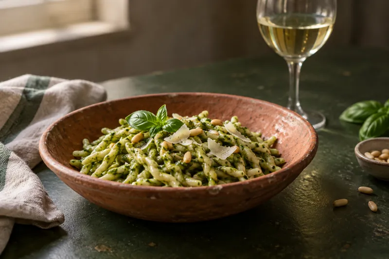 Pasta mit grünem Basilikumpesto, Pinienkernen und einem Glas Weißwein.